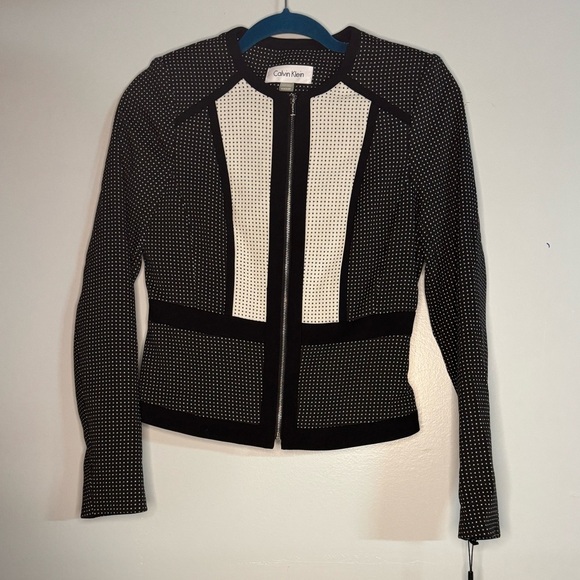 Calvin Klein women’s Black White Colorblock Dot Zip‎ Blazer Career size 4P - Picture 1 of 6